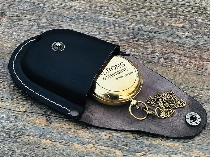 Brass Antique Sundial Compass with Leather Case | Push Button 5 Cm Dia Antique Finish Vantage Compass with Long Chain | Birthday Gift, Baptism Compass