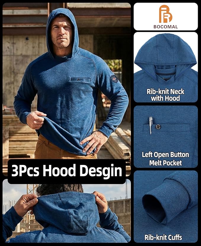 BOCOMAL FR Hooded T Shirts Chest Pocket Fire Resistant Summer Hoodie NFPA2112 CAT2 Flame Retardant FRC Welding Work Shirt