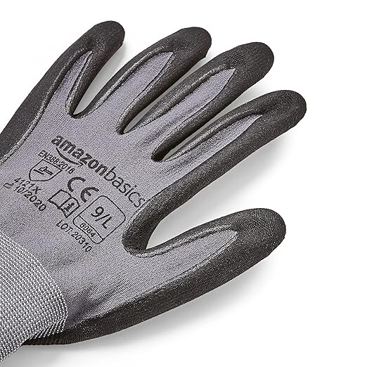 Amazon Basics Micro-Foam Nitrile Coated Safety Work Gloves, Nylon Liner Fiber, Touch Screen Compatible, Grey, Size 9, Large, 6-Pack