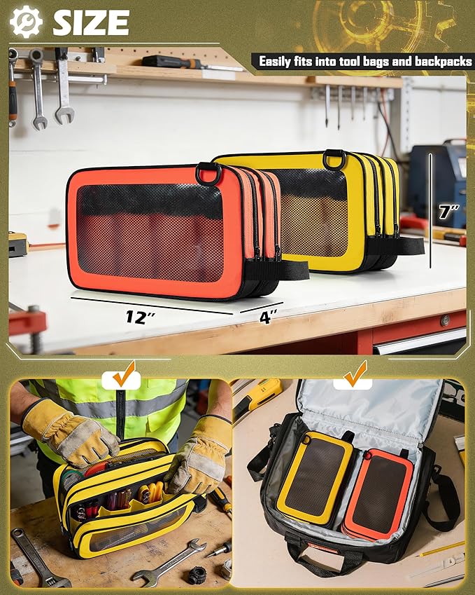 2 Pack Tool Pouch with Dual Compartments, 12” Tool Bag with Detachable Shoulder Strap, Carry Handle and Translucent Window, Orange-red/Yellow