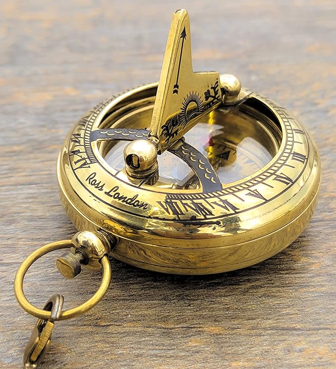 Brass Antique Sundial Compass with Leather Case | Push Button 5 Cm Dia Antique Finish Vantage Compass with Long Chain | Birthday Gift, Baptism Compass