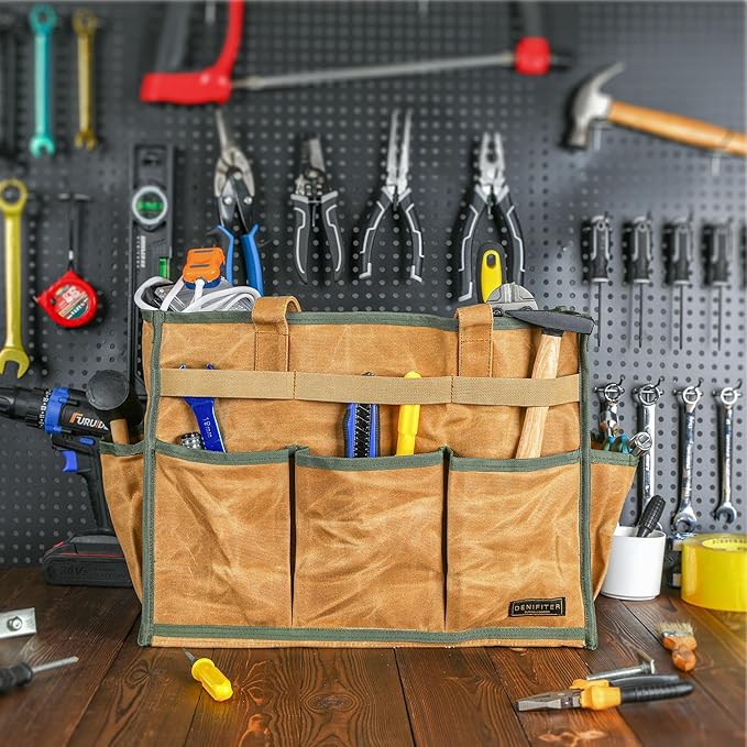 Heavy-Duty Waxed Canvas Tool Tote Bag – Large Capacity Tool Organizer with 14 External Pockets & Padded Handle | Durable Storage Tote for Contractors, Electricians & DIY (16.5" x 7" x 12", Khaki)