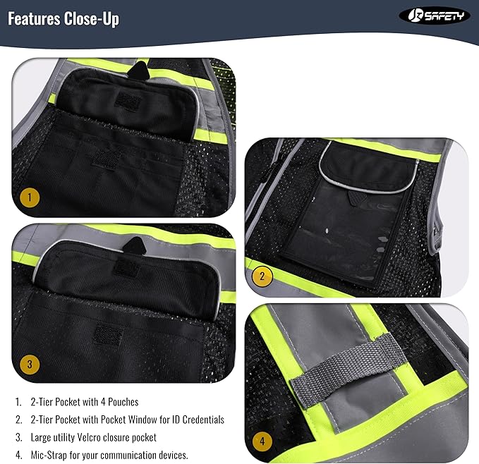 JKSafety Hi-Vis Unisex Surveyor Safety Vest Heavy Duty PPE Inner Pockets ANSI/ISEA Compliant