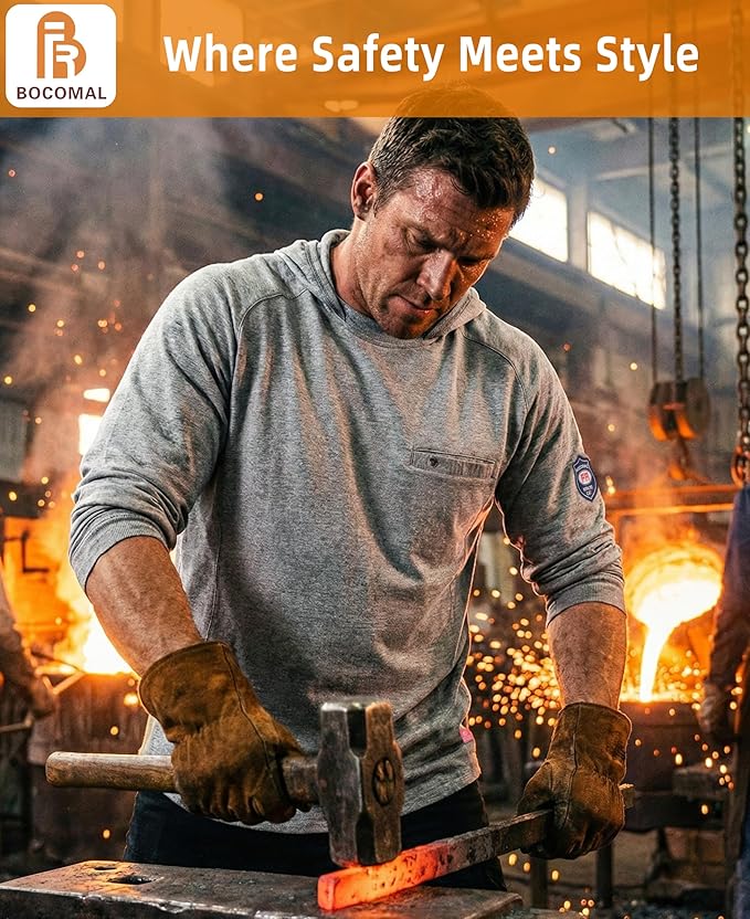 BOCOMAL FR Hooded T Shirts Chest Pocket Fire Resistant Summer Hoodie NFPA2112 CAT2 Flame Retardant FRC Welding Work Shirt