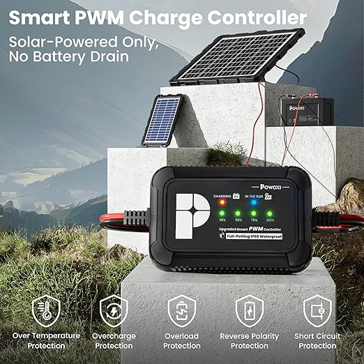 POWOXI Solar Panels Charge Controller, PWM 10A Battery Regulator for 12V Solar Battery Charger, Solar Battery Maintainer and 12 Volt Batteries Power Kit