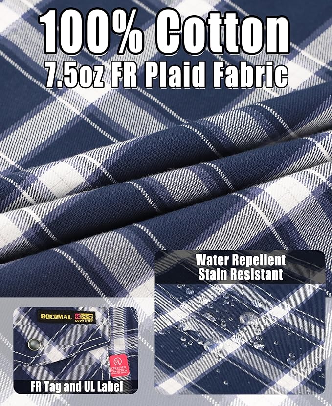 BOCOMAL FR Shirts Flame Resistant 100% C NFPA2112 7.5oz Men's Fire Retardant Welding Shirt
