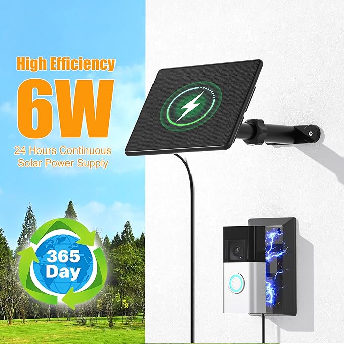 Solar Panel Charger for Ring Video Doorbell 3/3+/4, Battery Doorbell Plus/Pro with Mount Stand, 2-Prong Port, Solar Charger 10ft Charging Cable, 6W Waterproof Solar Panel, 5.9-8.7in Adjustable Mount