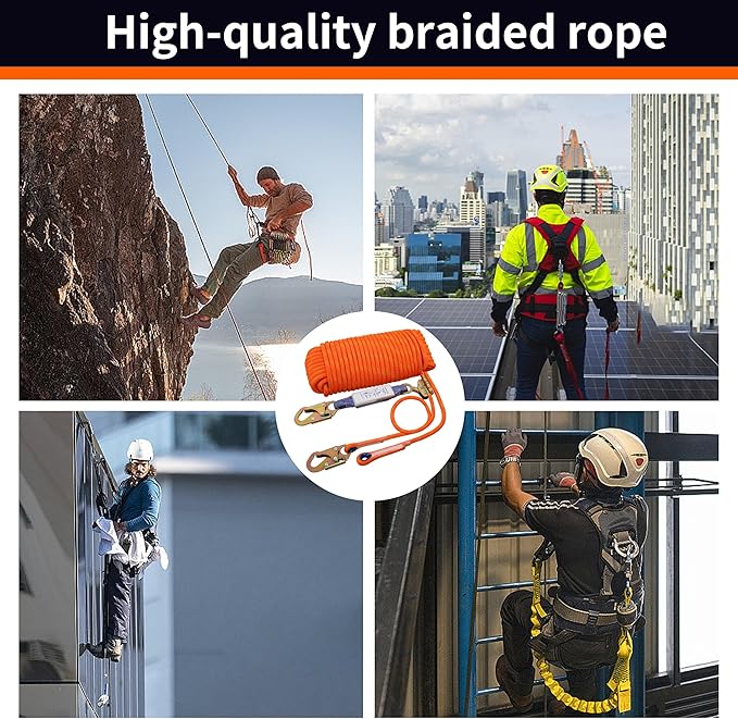 Fall Protection Safety Rope 25ft Heavy Duty Vertical Roofing Grab Snap Hook Shock Absorber Fall Protection Line Kit Restraint System Roofing Safety Equipment(25FT)