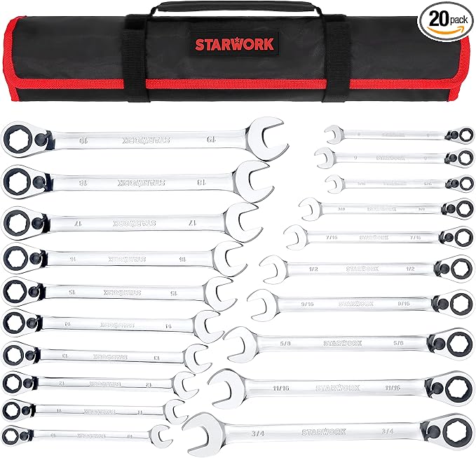 STARWORK TRUE MECHANIC™ 20 Pc. Reversible Ratcheting Wrench Set, Combination Ratchet Wrench Set, Non-Slip, Long Pattern, 6-Point 15° Offset, Professional, SAE/Metric (5/16-3/4" & 8-19 mm)
