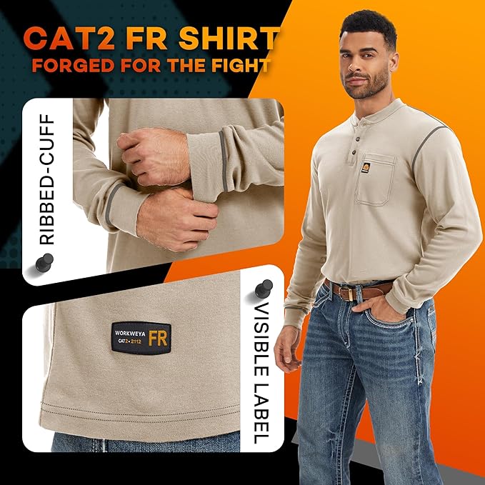 WORKWEYA FR Shirts for Men 6.5 oz Flame Resistant Long Sleeve Henley Shirt NFPA 2112/CAT2