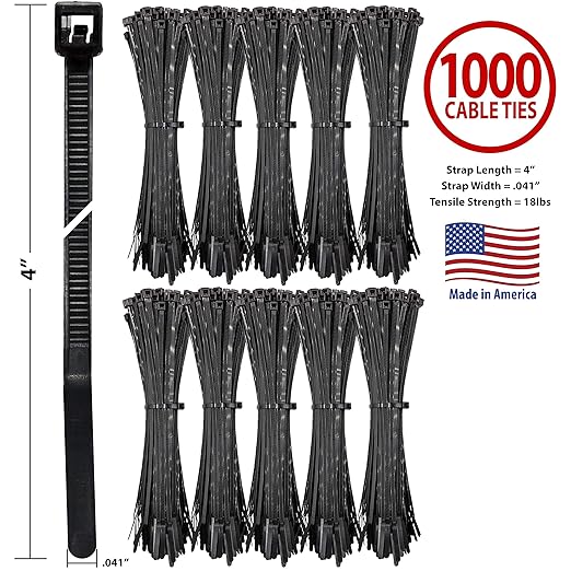 Bar Lok 4” Zip Ties – 1000 Pieces, Black – Made in America – Weather, UV & Impact Resistant Plastic Cable Ties for Binding Bundling & Organizing Wire Cable & More – Indoor & Outdoor (4", 1000ct)