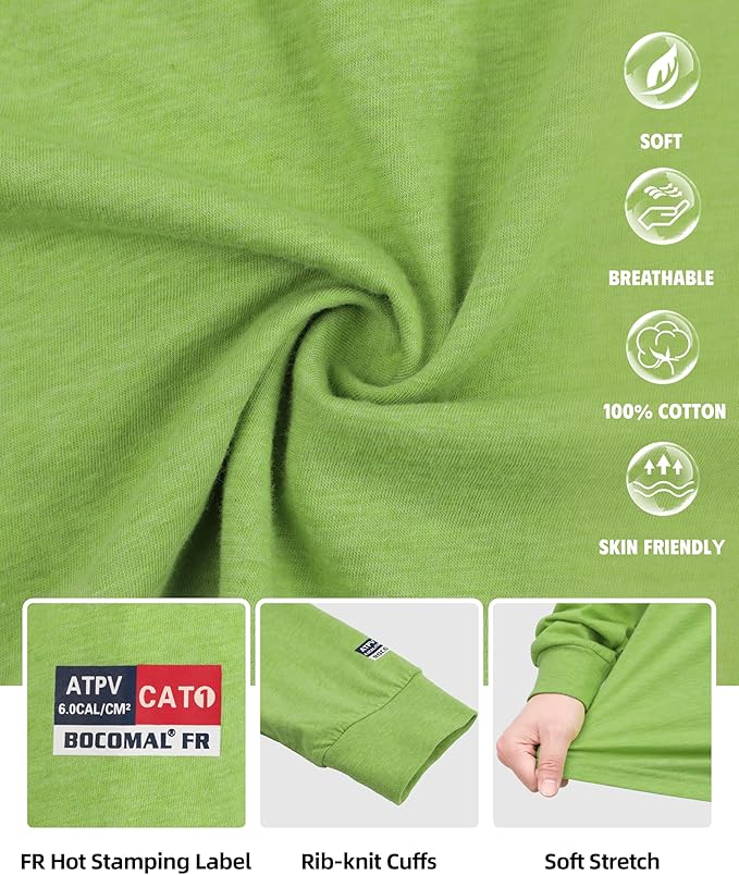 BOCOMAL FR Shirts for Summer Vented Mesh Loose Fit 4oz EX Lightweight Flame Resistant Base Layer CAT1 Crew Shirt