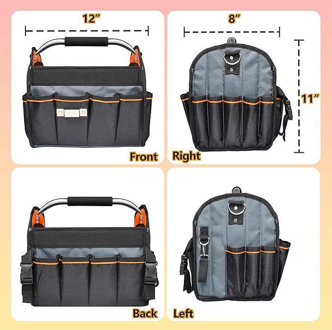 12 Inch Electrician Tool Tote Bag, 1680D Ballistic Polyester 34 Pockets Open Top Foldable Tool Bags with detachable divider, Tool Tote with Stainless Steel Handle & Padded Shoulder Strap