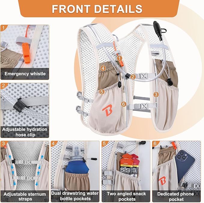 Running Vest Hydration Backpack for Men Women, 5L Lightweight Running Backpack Hydration Pack for Marathon, Trail, Cycling, Hiking, Jogging