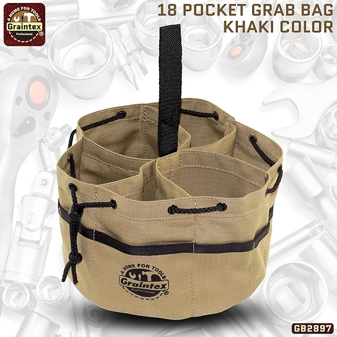 Graintex 18 Pockets Grab Bag Rip-stop Canvas Drawstring Closure, Small Part Organizer Pouch, Small Tools, Screws, Parts, Parachute Tool Bag for Efficient Storage - Khaki
