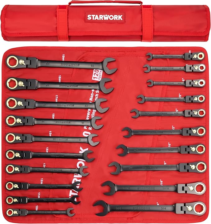 STARWORK TRUE MECHANIC™ 20 Pc. 120-Tooth Flex-Head Reversible Ratcheting Wrench Set, Combination Ratchet Wrench Set, Anti-Slip, Long Pattern, 6-Point, Professional, SAE/Metric