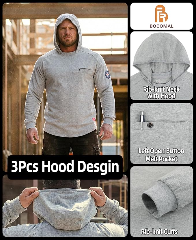 BOCOMAL FR Hooded T Shirts Chest Pocket Fire Resistant Summer Hoodie NFPA2112 CAT2 Flame Retardant FRC Welding Work Shirt