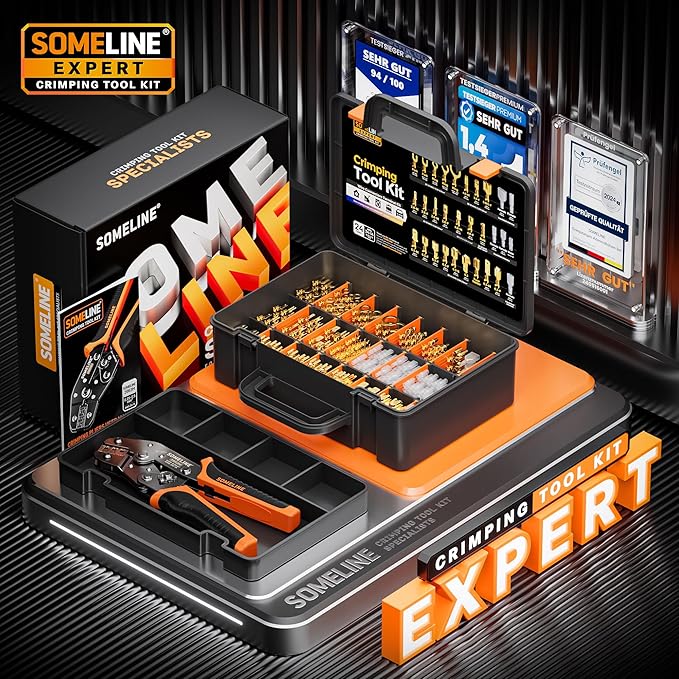 SOMELINE Spade Terminal Crimping Tool Kit AWG 24-14, 24 Types 2.8/3.9/4.8/6.3 mm Male & Female Quick Disconnect Non-Insulated Connectors - Open Barrel Crimping Tool