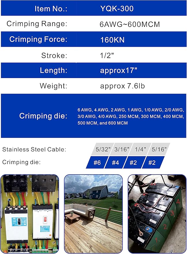 AMZCNC blue 16 Ton Hydraulic Wire Crimper Battery Cable Lug Terminal Crimping Tool WIth Standard US cable Dies,Crimps 6 AWG to 600 MCM, Cable Crimping Tool with 13 Pairs of Standard US cable Dies