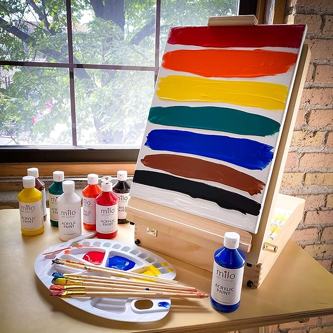 milo Acrylic Paint Set of 8 Colors | 8 oz Bottles | Student Primary Colors Acrylics Painting Pack | Made in the USA | Non-Toxic Art & Craft Paints for Artists, & Hobby Painters