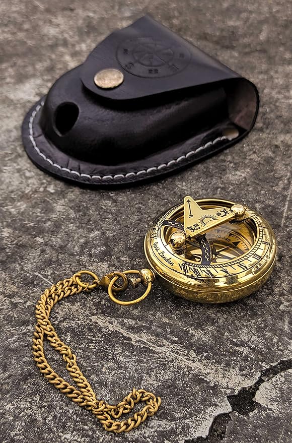 Brass Antique Sundial Compass with Leather Case | Push Button 5 Cm Dia Antique Finish Vantage Compass with Long Chain | Birthday Gift, Baptism Compass