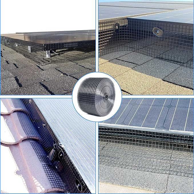 YESON Solar Panel Guard, 8in X 100ft PVC Coated Critter Guard Roll Kit for Solar Panel Wire Screen, Black Pigeon Barrier Netting with 120 Fastener Clips, Cutting Scissor, Gloves