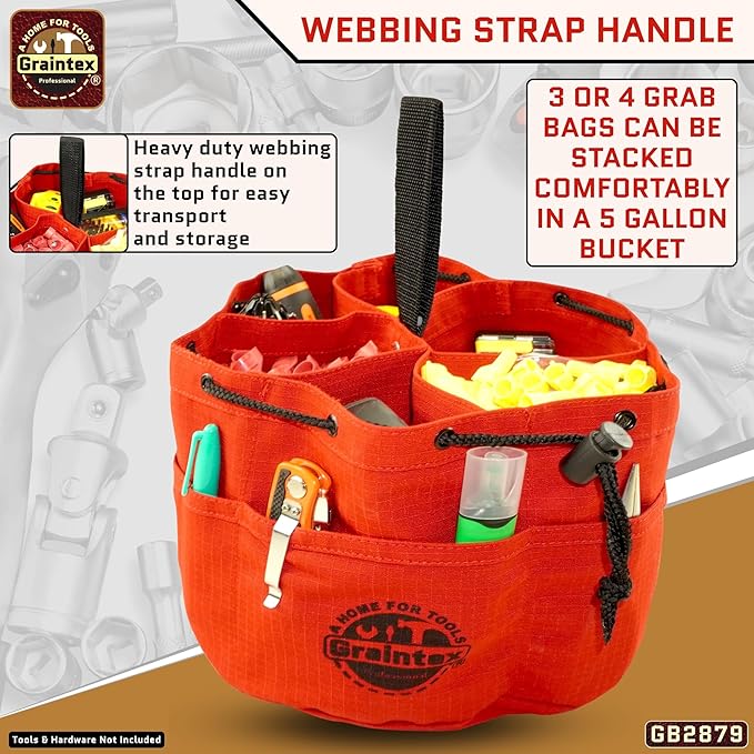 Graintex 18 Pockets Grab Bag Rip-stop Canvas Drawstring Closure, Small Part Organizer Pouch, Small Tools, Screws, Parts, Parachute Tool Bag for Efficient Storage - Red