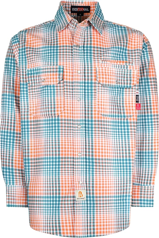 BOCOMAL FR Shirts for Men Snaps Down 7.5oz Water Repellent Fire Resistant Welding Jackets-NFPA2112 CAT2