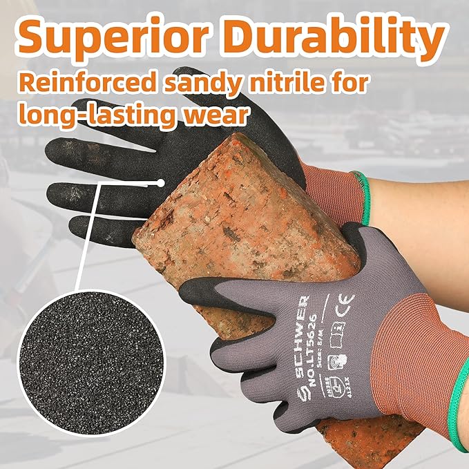 Schwer 6 Pairs Safety Work Gloves Sandy Nitrile Coated LT5626, Level 6 Abrasion Resistant (Certified) Heavy Duty Working Gloves with Grip for Men Women, for General Use, Gardening, Construction, XL