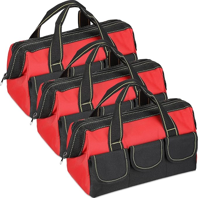 Sanwuta 3 Pack Tool Bag for Men with Waterproof Hard Bottom, Heavy Duty Tool Bag Wide Mouth Tote for Various Instrument, Electrician Carpenter Mechanic(Red,16 Inch,Classic)