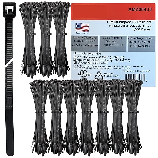 Bar Lok 4” Zip Ties – 1000 Pieces, Black – Made in America – Weather, UV & Impact Resistant Plastic Cable Ties for Binding Bundling & Organizing Wire Cable & More – Indoor & Outdoor (4", 1000ct)