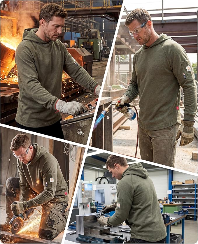 BOCOMAL FR Hooded T Shirts Heather Series 6oz Flame Resistant NFPA2112 CAT2 Fire Retardant Hoodies Work Shirt