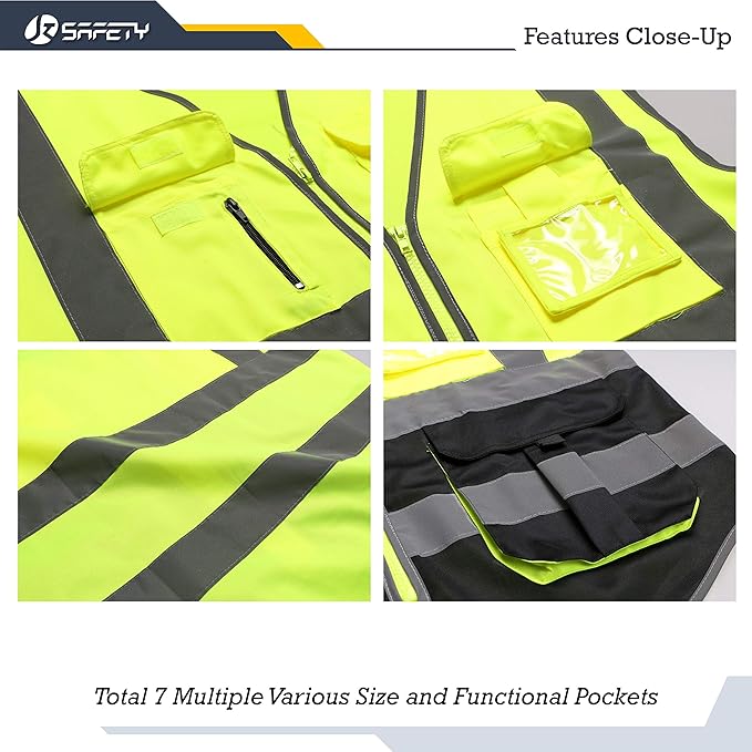 JKSafety 7 Pockets High Visibility Zipper Front Safety Vest With Reflective Strips.Meets ANSI/ISEA Standards (130-Yellow-Black XL)