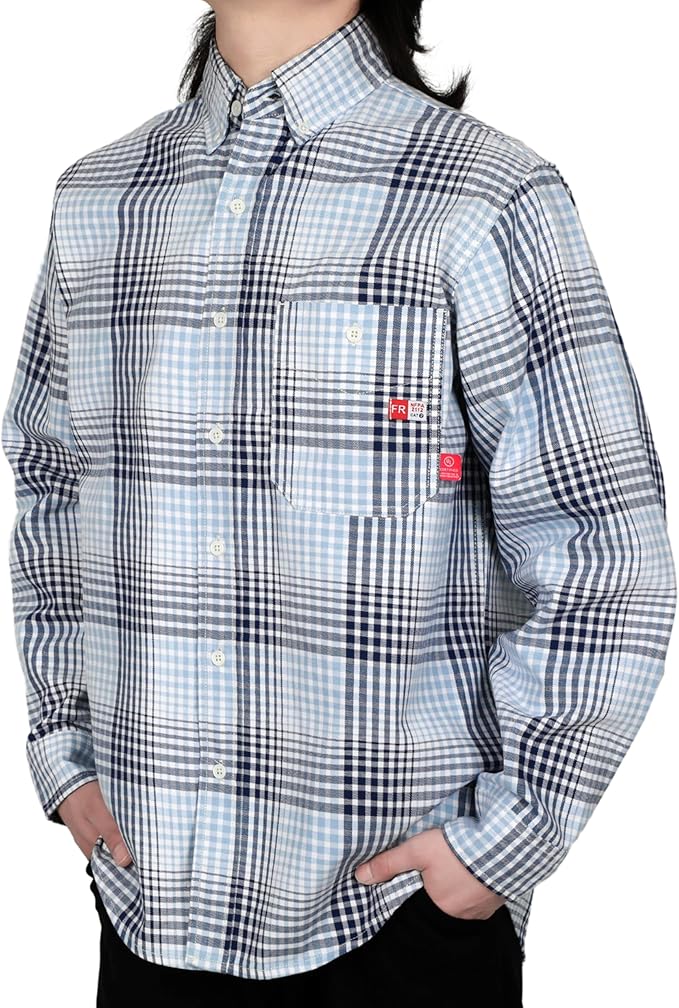 TICOMELA Men’s Mid-Weight FR Welding Shirt, 7.5oz 100% Cotton NFPA 2112 CAT2 – Flame-Resistant Button-Down Work Shirt