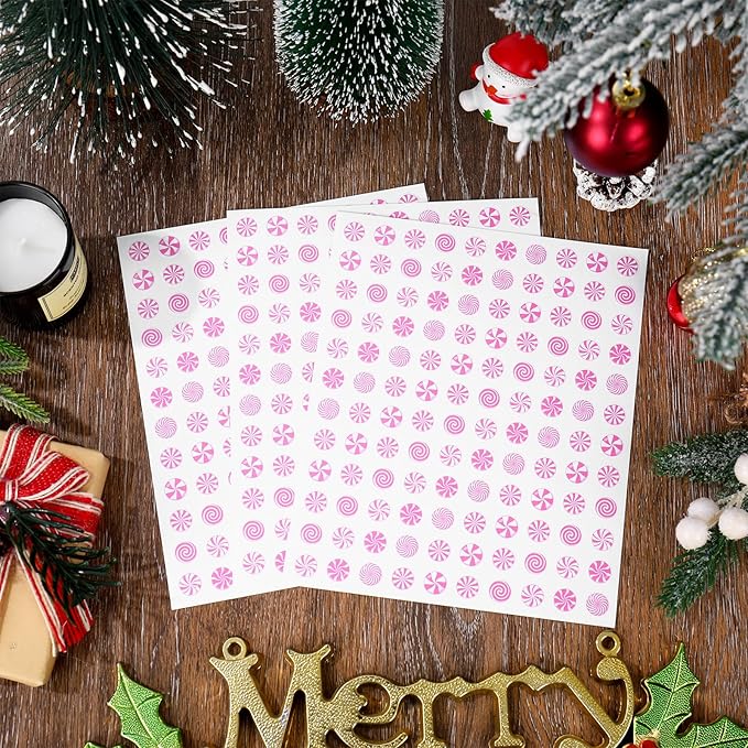JarThenaAMCS 2400 Pcs Christmas Mini Sticker Paper Decal Xmas Pink White Peppermint Candy Self-Adhesive Sticker for Envelope Scrapbook Gift DIY Supplies, 0.5 in