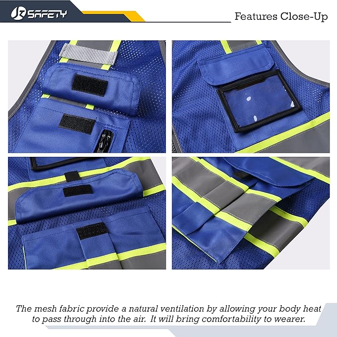 JKSafety 9 Pockets Hi-Vis Mesh Safety Vest for men and women | Chaleco reflectante de seguridad | Zipper Front | Multiple Pockets | Class 1 (140-Blue XXL)