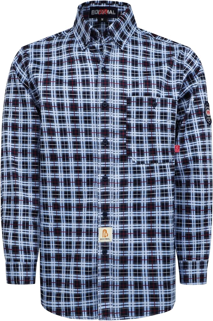 BOCOMAL FR Shirts Flame Resistant NFPA2112/CAT2 6.5oz Light Weight Printed Fire Retardant Plaid Shirt