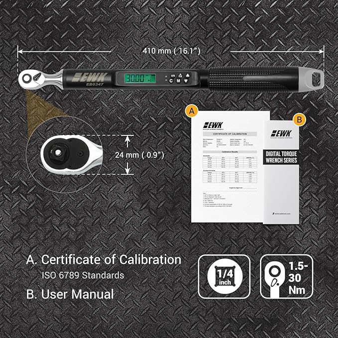 EWK 1/4" Drive Digital Angle Torque Wrench 1.1-22.1 ft-lbs (1.5-30 Nm), with LED Display & Buzzer, for Bicycles and Precision Machinery