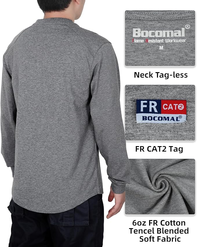 BOCOMAL Men's FR Shirts Long Sleeve Crewneck EX Soft Heather Series 6oz Midweight Flame Resistant Work T Shirt CAT2
