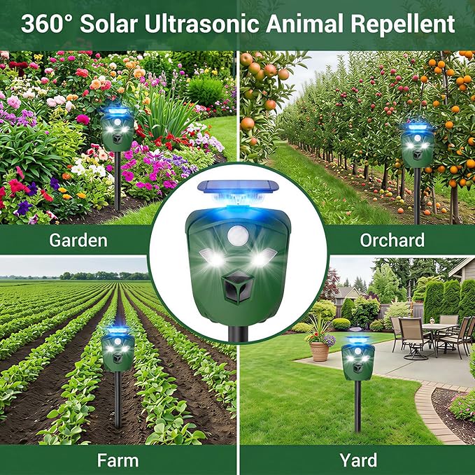 360° Solar Ultrasonic Animal Repellent Outdoor, Deer Repellent Devices with Flash Lights, Animal Deterrent Devices Outdoor for Squirrels, Snakes, Cats, Dogs, Rabbits, Opossums, Coyotes, Raccoons