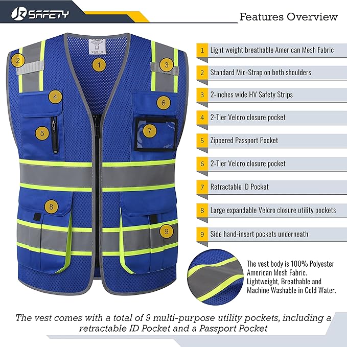 JKSafety 9 Pockets Hi-Vis Mesh Safety Vest for men and women | Chaleco reflectante de seguridad | Zipper Front | Multiple Pockets | Class 1 (140-Blue M)