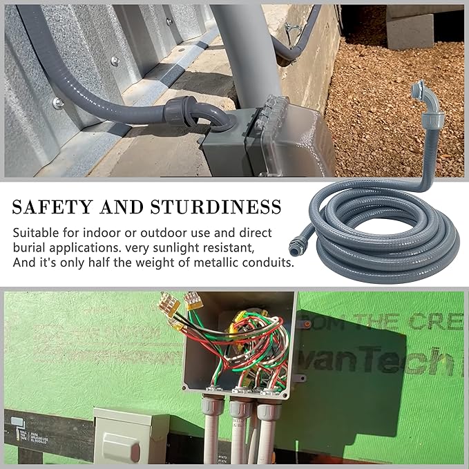 Liquid-Tight Conduit - 3/4inch 25 Foot Flexible Non Metallic Liquid Tight Electrical Conduit Kit, With 4 Straight and 3 90-Degree Conduit Connector Fittings.3/4" Dia