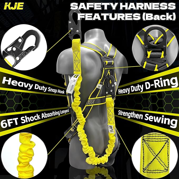 KJE Safety Harness Fall Protection Kit - Construction Roof Full Body Harness w/Detachable 6FT Shock Absorbing Lanyard & Snap Hook, ANSI/OSHA