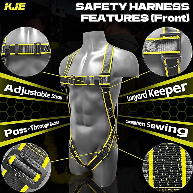 KJE Safety Harness Fall Protection Kit - Construction Roof Full Body Harness With 6FT Shock Absorbing Lanyard & Snap Hook, ANSI/OSHA