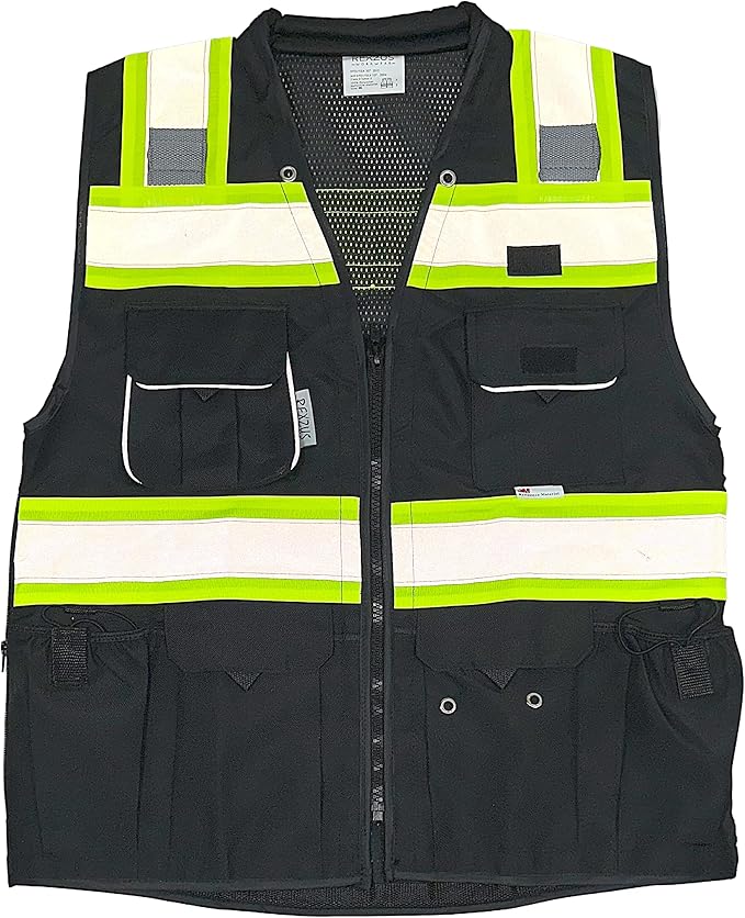 Safety Vest for Men - Black Series with Zipper and Utility Pockets - Premium Surveyors Vest (L, Black)