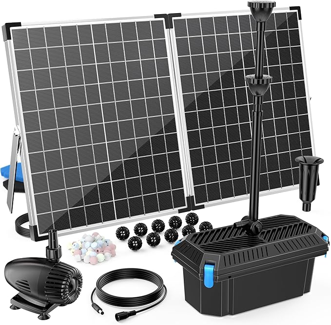 Antfraer 55W Solar Pond Filter, Solar Fountain Pump with Pond Filter Kit Adjustable Flow, Pond Filter Box with Filter Medias for Outdoor Ponds Fish Tank Pool Waterfall Koi Pond Water Features