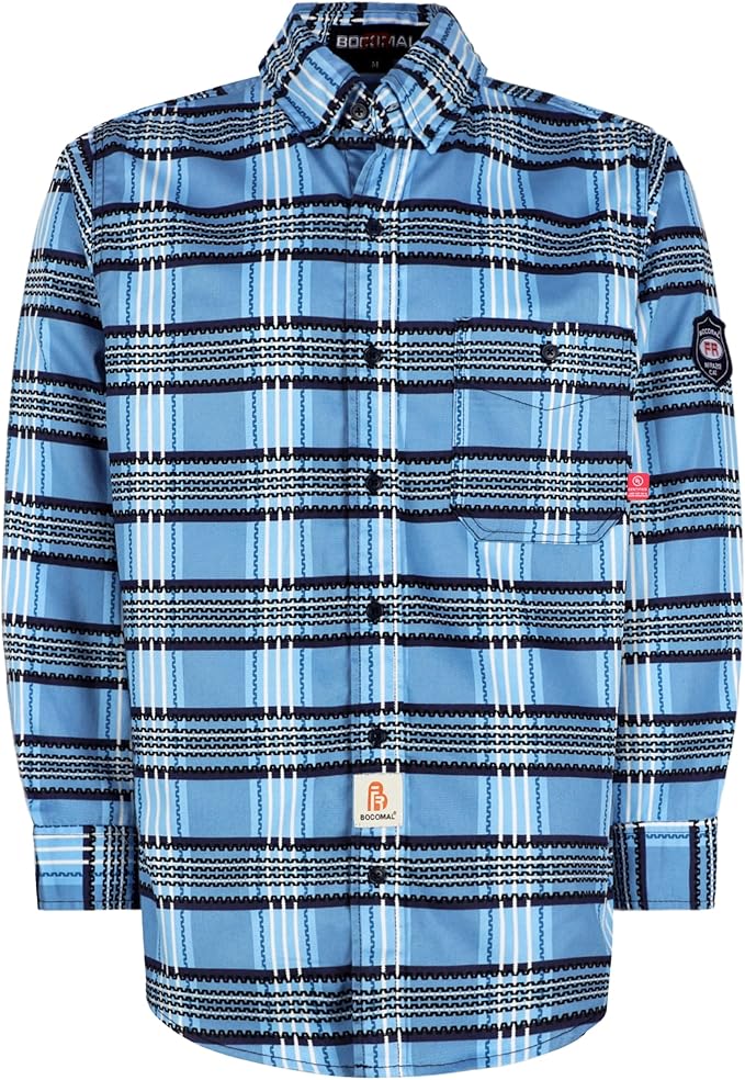 BOCOMAL FR Shirts for Men Printed Plaid Flame Resistant Clothing 6.5oz Cotton Button Up Welding Shirts NFPA2112 CAT2