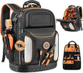 Tool Bag Backpack, 75 Pockets & Loops Heavy Duty Tools Organizer Bags/HVAC Tool Carrier for Eelectrician/Construction Work with Molded Base and Combination Lock, Large, Black and Orange