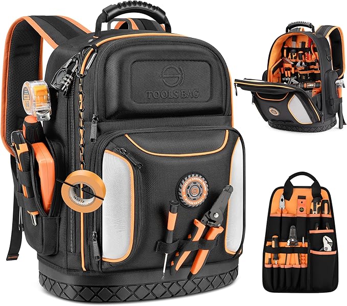 Tool Bag Backpack, 75 Pockets & Loops Heavy Duty Tools Organizer Bags/HVAC Tool Carrier for Eelectrician/Construction Work with Molded Base and Combination Lock, Large, Black and Orange