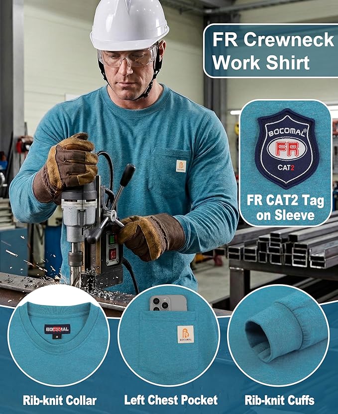 BOCOMAL FR Shirts Lightweight Classic Crew Long Sleeve Fire Resistant Shirt CAT2